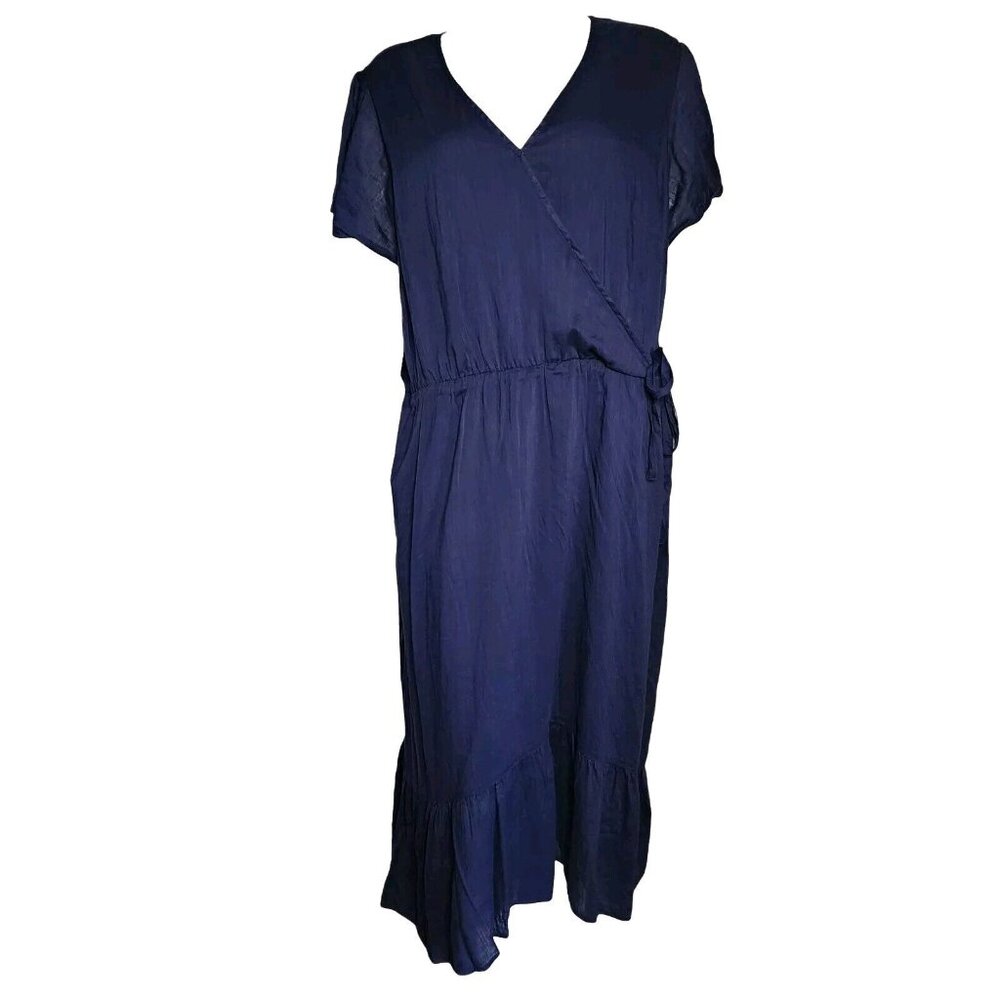 Old Navy Dress Womens Plus Size 3X Solid‎ All Blue Short Sleeve Wrap Look